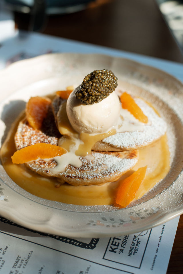 Island Creek Oysters' Olive Oil Caviar Pancakes