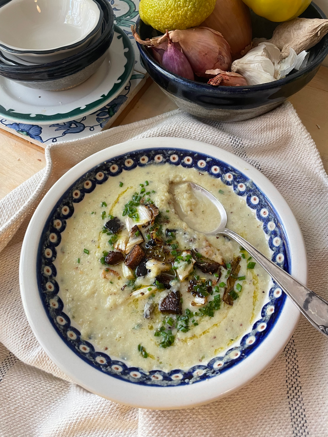Cauliflower Soup with Crunchy Rye Parmesan Garnish
