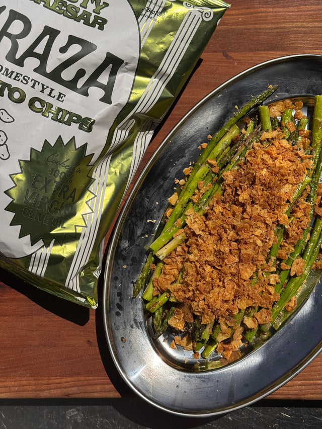 Asparagus with Zesty Caesar Potato Chip Breadcrumbs
